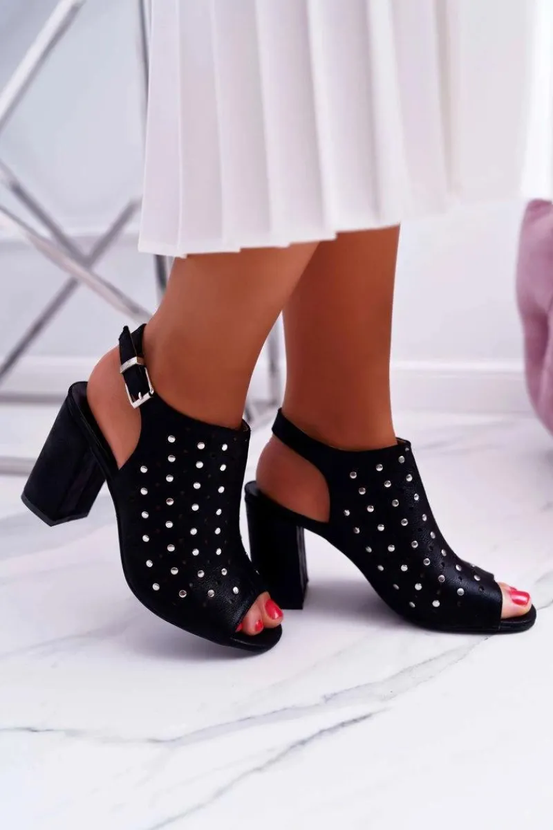 Clearance Sandały Damskie Na Słupku Ażurowe z Dżetami Czarne Hendrix Damskie Sandały Ażurowe|Sandały Na Obcasie