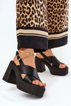 Clearance Sandały Damskie Na Słupku I Platformie Z Eko Skóry Czarne Annavin Damskie Sandały Na Słupku|Sandały Na Obcasie