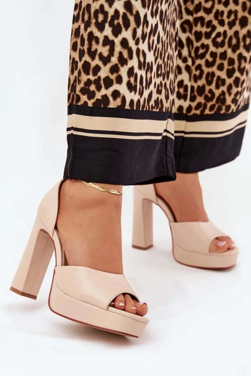 Sandały Damskie Na Słupku I Platformie Eko Skórzane Beżowe Lomman Damskie Sandały Na Słupku|Sandały Na Obcasie