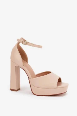 Sandały Damskie Na Słupku I Platformie Eko Skórzane Beżowe Lomman Damskie Sandały Na Słupku|Sandały Na Obcasie