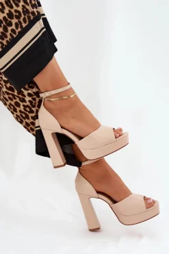 Sandały Damskie Na Słupku I Platformie Eko Skórzane Beżowe Lomman Damskie Sandały Na Słupku|Sandały Na Obcasie