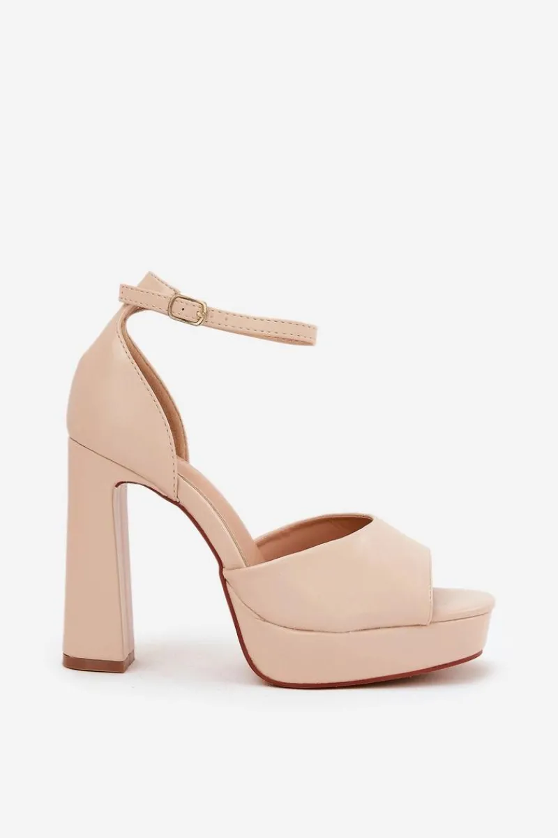 Sandały Damskie Na Słupku I Platformie Eko Skórzane Beżowe Lomman Damskie Sandały Na Słupku|Sandały Na Obcasie