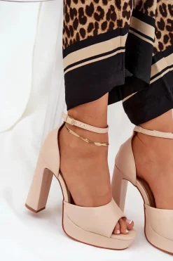 Sandały Damskie Na Słupku I Platformie Eko Skórzane Beżowe Lomman Damskie Sandały Na Słupku|Sandały Na Obcasie