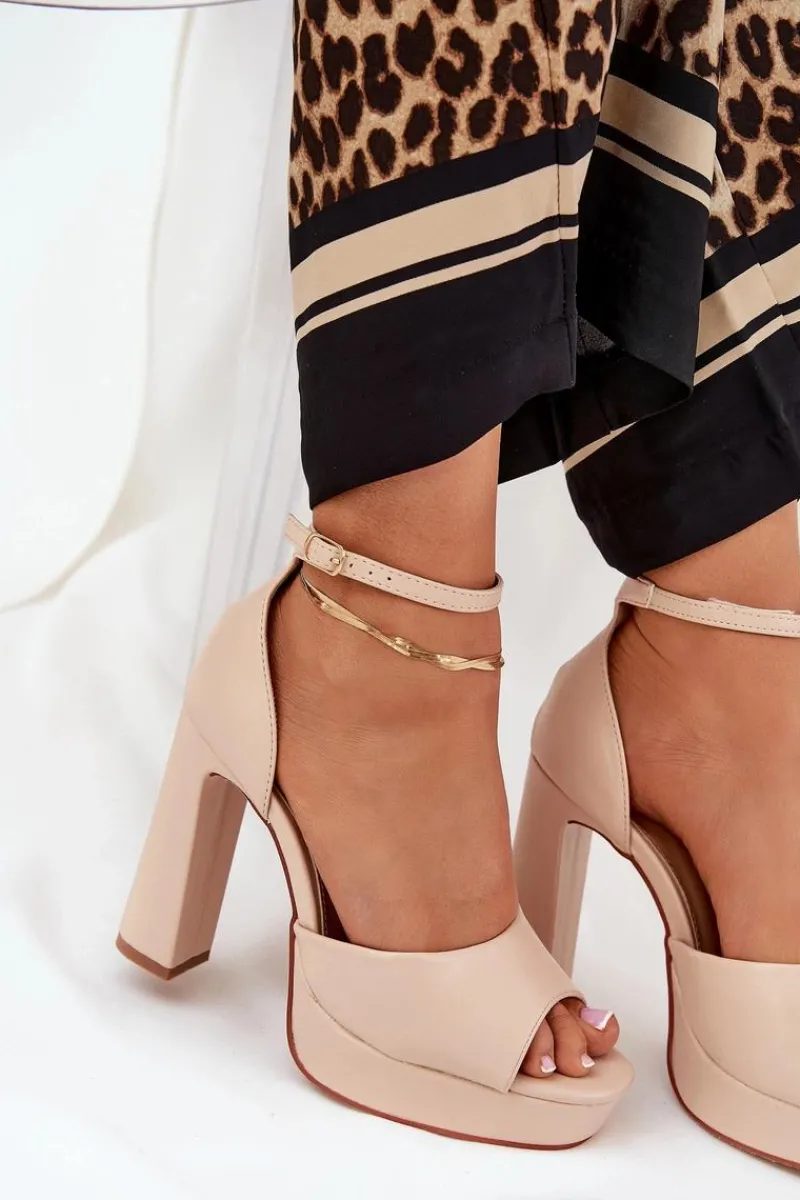 Sandały Damskie Na Słupku I Platformie Eko Skórzane Beżowe Lomman Damskie Sandały Na Słupku|Sandały Na Obcasie