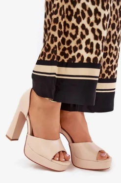 Sandały Damskie Na Słupku I Platformie Eko Skórzane Beżowe Lomman Damskie Sandały Na Słupku|Sandały Na Obcasie