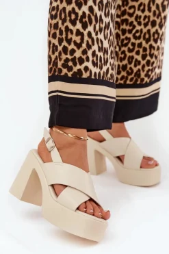 Sandały Na Słupku|Sandały Na Obcasie>Boto Sandały Damskie Na Słupku I Platformie Z Eko Skóry Jasnobeżowe Annavin Beżowy