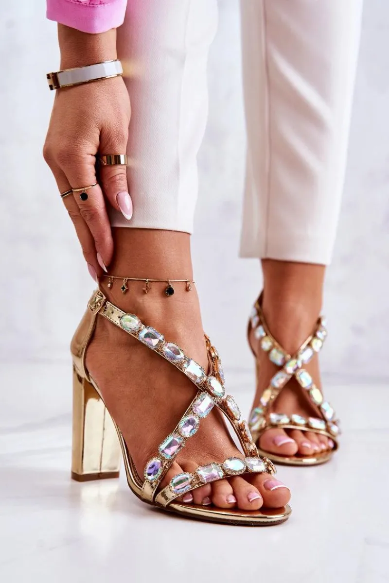 Sandały Damskie Na Słupku Lu Boo Złote 8258-1 Vernee Damskie Sandały Na Obcasie