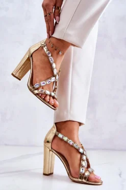 Sandały Damskie Na Słupku Lu Boo Złote 8258-1 Vernee Damskie Sandały Na Obcasie