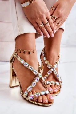 Sandały Damskie Na Słupku Lu Boo Złote 8258-1 Vernee Damskie Sandały Na Obcasie