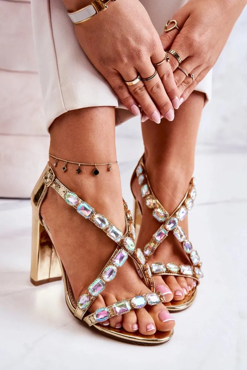 Sandały Damskie Na Słupku Lu Boo Złote 8258-1 Vernee Damskie Sandały Na Obcasie