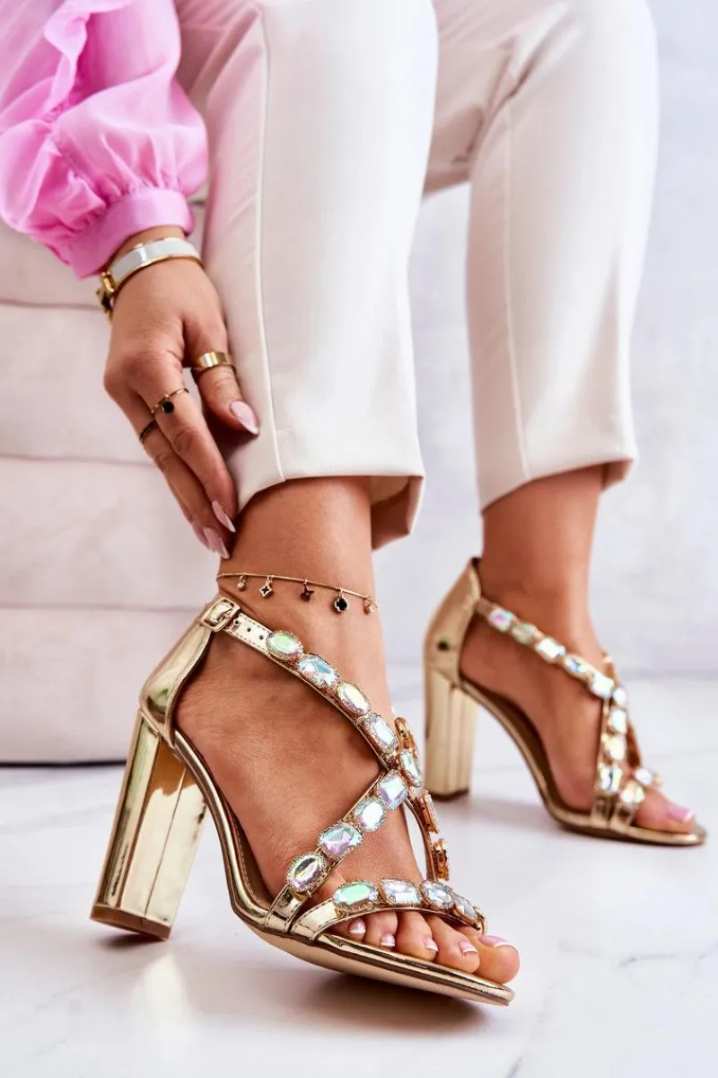 Sandały Damskie Na Słupku Lu Boo Złote 8258-1 Vernee Damskie Sandały Na Obcasie