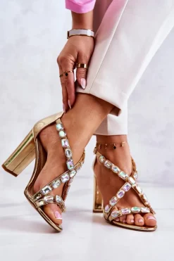 Sandały Damskie Na Słupku Lu Boo Złote 8258-1 Vernee Damskie Sandały Na Obcasie