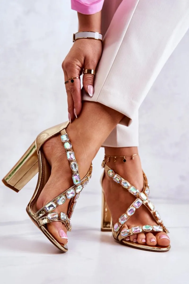 Sandały Damskie Na Słupku Lu Boo Złote 8258-1 Vernee Damskie Sandały Na Obcasie