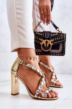 Sandały Damskie Na Słupku Lu Boo Złote 8258-1 Vernee Damskie Sandały Na Obcasie