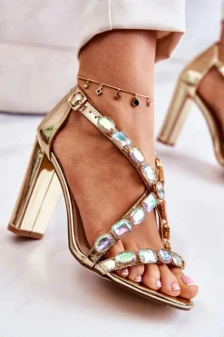 Sandały Damskie Na Słupku Lu Boo Złote 8258-1 Vernee Damskie Sandały Na Obcasie
