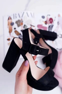 Clearance Sandały Damskie Na Słupku Platforma Czarne LaMondes Damskie Sandały Na Obcasie