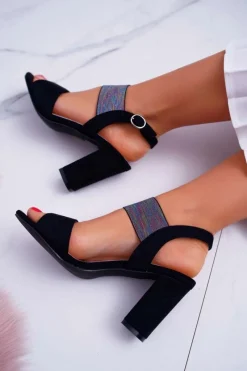 Outlet Sandały Damskie Na Słupku Sergio Leone SK857 Czarne Nargos Damskie Sandały Na Obcasie