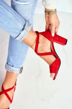 Outlet Sandały Damskie Na Słupku Sergio Leone Czerwone SK865 Damskie Sandały Na Obcasie