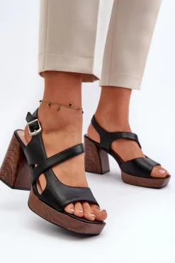 Buty Sergio Leone Sandały Damskie Na Słupku Sergio Leone SK577 Czarne