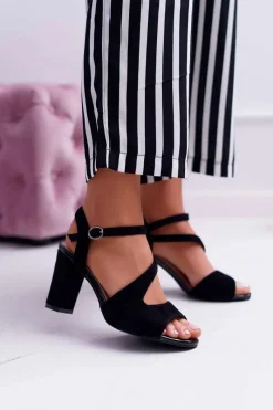 Online Buty Sergio Leone Sandały Damskie Na Słupku Sergio Leone SK868 Zamszowe Czarne Mersi