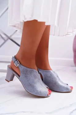 Hot Sandały Damskie Na Słupku Sergio Leone SK800 Szare Fanfara Damskie Sandały Na Obcasie