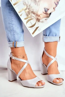 Hot Sandały Damskie Na Słupku Sergio Leone Srebrna Perła SK865 Damskie Sandały Na Obcasie