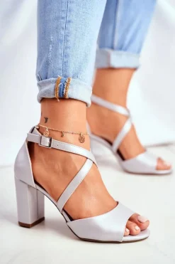 Hot Sandały Damskie Na Słupku Sergio Leone Srebrna Perła SK865 Damskie Sandały Na Obcasie