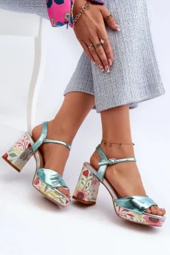 Sandały Na Słupku|Sandały Na Obcasie>Damskie buty S.Barski Sandały Damskie Na Słupku W Kwiaty D&A CR980 Błękitne Niebieski