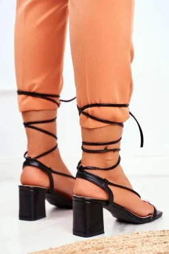 Clearance Sandały Damskie Na Słupku Wiązane Czarne Morning Damskie Sandały Na Obcasie