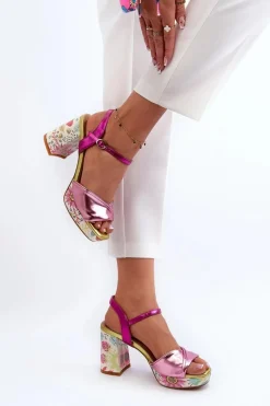Discount Sandały Damskie Na Słupku W Kwiaty D&A CR980 Różowe Damskie Sandały Na Słupku|Sandały Na Obcasie