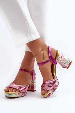 Discount Sandały Damskie Na Słupku W Kwiaty D&A CR980 Różowe Damskie Sandały Na Słupku|Sandały Na Obcasie