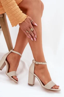 Sandały Na Słupku|Sandały Na Obcasie>Evento Sandały Damskie Na Słupku Z Plecionym Paskiem Beżowe Asdine Beżowy