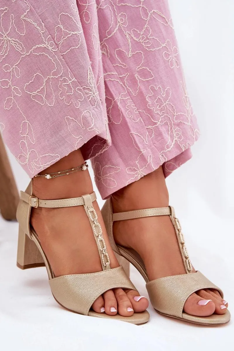 Sandały Na Słupku|Sandały Na Obcasie>Evento Sandały Damskie Na Słupku Z Ozdobnym Paskiem Eko Skóra Złote Triavera Złoty