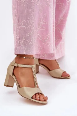 Sandały Na Słupku|Sandały Na Obcasie>Evento Sandały Damskie Na Słupku Z Ozdobnym Paskiem Eko Skóra Złote Triavera Złoty