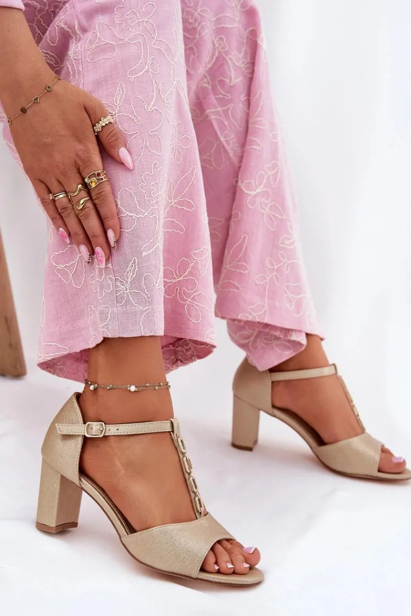 Sandały Na Słupku|Sandały Na Obcasie>Evento Sandały Damskie Na Słupku Z Ozdobnym Paskiem Eko Skóra Złote Triavera Złoty