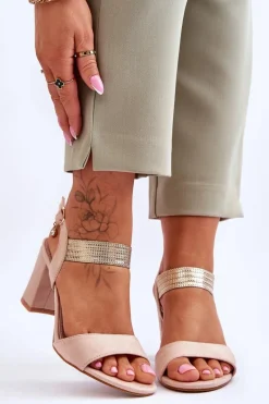 Sandały Na Obcasie>Damskie buty S.Barski Sandały Damskie Na Słupku Zamszowe Beżowe Enjoy