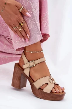 Discount Sandały Damskie Na Słupku Ze Złotą Ozdobą Beżowe Nusorilis Damskie Sandały Na Słupku|Sandały Na Obcasie
