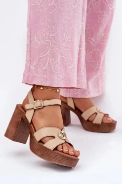 Discount Sandały Damskie Na Słupku Ze Złotą Ozdobą Beżowe Nusorilis Damskie Sandały Na Słupku|Sandały Na Obcasie