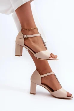 Discount Sandały Damskie Na Słupku Z Ozdobnym Paskiem Eko Skóra Beżowe Triavera Damskie Sandały Na Słupku|Sandały Na Obcasie