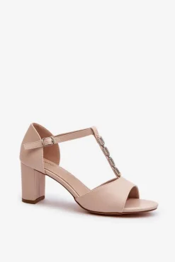 Discount Sandały Damskie Na Słupku Z Ozdobnym Paskiem Eko Skóra Beżowe Triavera Damskie Sandały Na Słupku|Sandały Na Obcasie