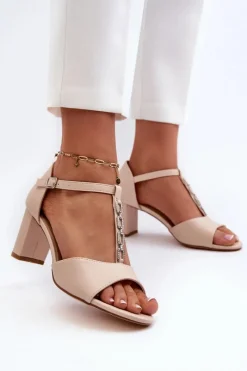 Discount Sandały Damskie Na Słupku Z Ozdobnym Paskiem Eko Skóra Beżowe Triavera Damskie Sandały Na Słupku|Sandały Na Obcasie
