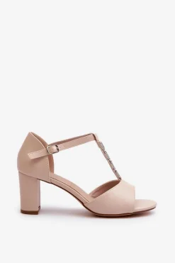 Discount Sandały Damskie Na Słupku Z Ozdobnym Paskiem Eko Skóra Beżowe Triavera Damskie Sandały Na Słupku|Sandały Na Obcasie