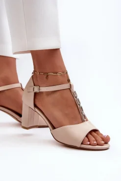 Discount Sandały Damskie Na Słupku Z Ozdobnym Paskiem Eko Skóra Beżowe Triavera Damskie Sandały Na Słupku|Sandały Na Obcasie