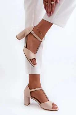 Discount Sandały Damskie Na Słupku Z Ozdobnym Paskiem Eko Skóra Beżowe Triavera Damskie Sandały Na Słupku|Sandały Na Obcasie