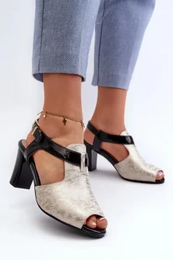 Sale Boto Sandały Damskie Na Słupku Z Eko Skóry Złoto-Czarne Queenmarie Złoty