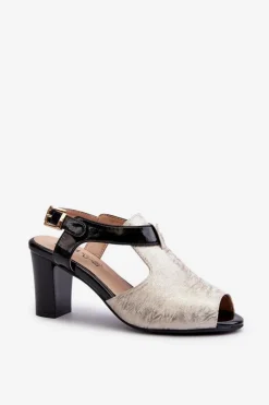 Sale Boto Sandały Damskie Na Słupku Z Eko Skóry Złoto-Czarne Queenmarie Złoty