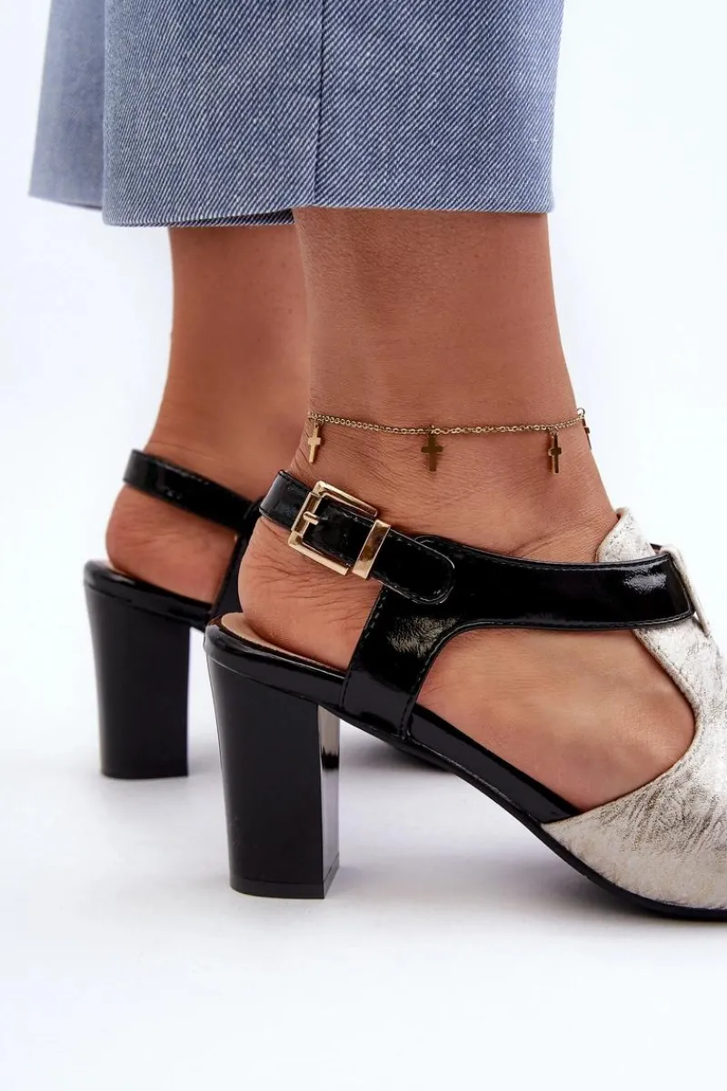 Sale Boto Sandały Damskie Na Słupku Z Eko Skóry Złoto-Czarne Queenmarie Złoty