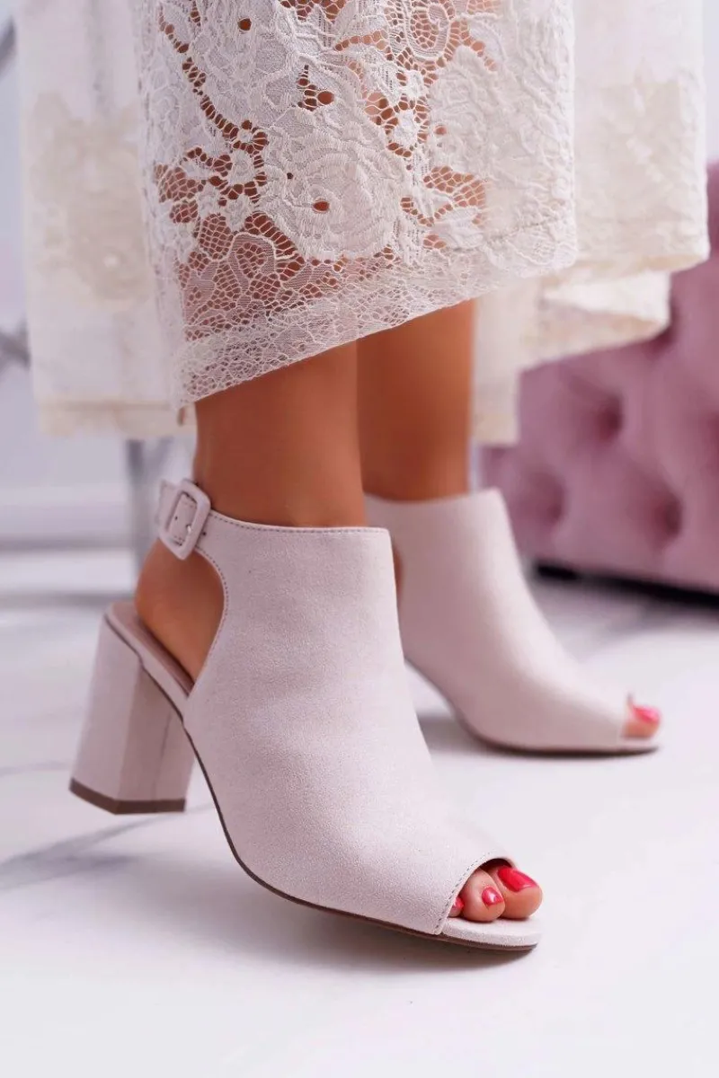 Discount Sandały Damskie Na Słupku Z Cholewką Peep Toe Beżowe Esta Damskie Sandały Na Obcasie