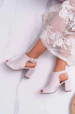 Discount Sandały Damskie Na Słupku Z Cholewką Peep Toe Beżowe Esta Damskie Sandały Na Obcasie