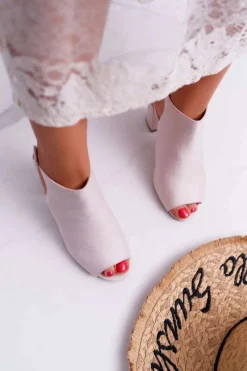 Discount Sandały Damskie Na Słupku Z Cholewką Peep Toe Beżowe Esta Damskie Sandały Na Obcasie